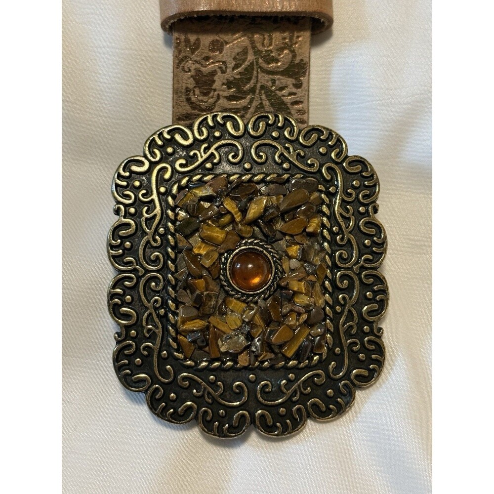 Boho Leather Belt Stone Mosaic Buckle Embossed Brown Wide Western Festival S